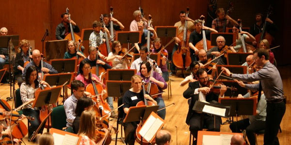 Professional musical artists with symphony orchestra performing in concert on background.