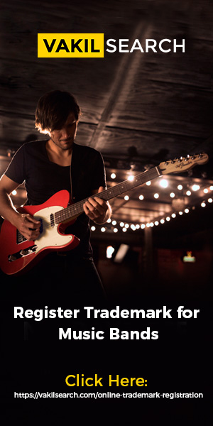 Band musician playing guitar at a music show, text written as "Register Trademark for Music Bands" with company logo on the top