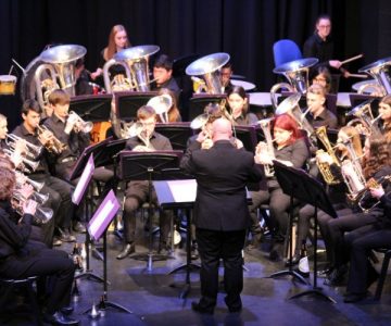 Conductor directing symphony orchestra with performers on background.